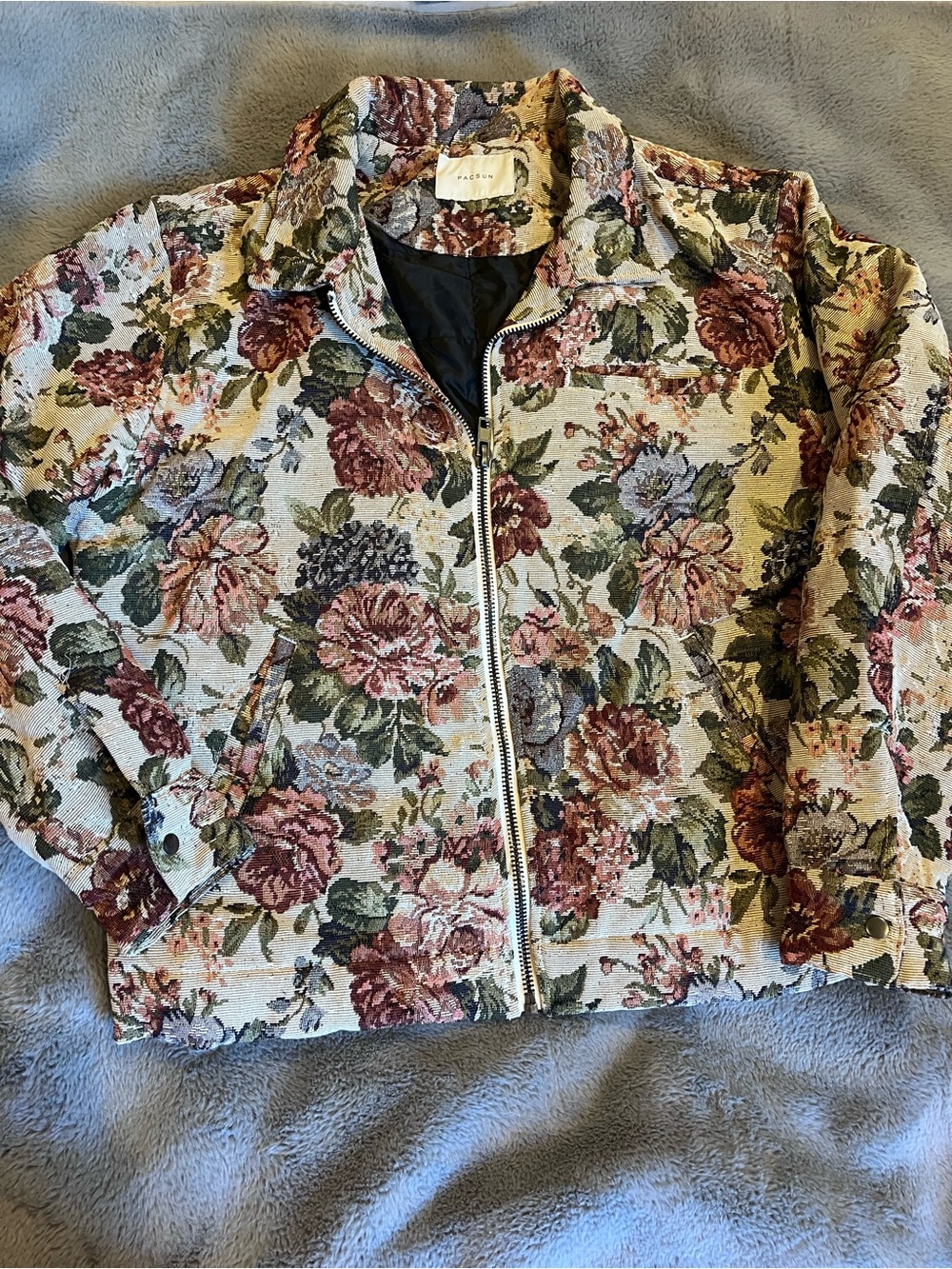 PacSun Women's L Floral Zip-Up Jacket Lined Long Sleeve Short Beige/Multicolor